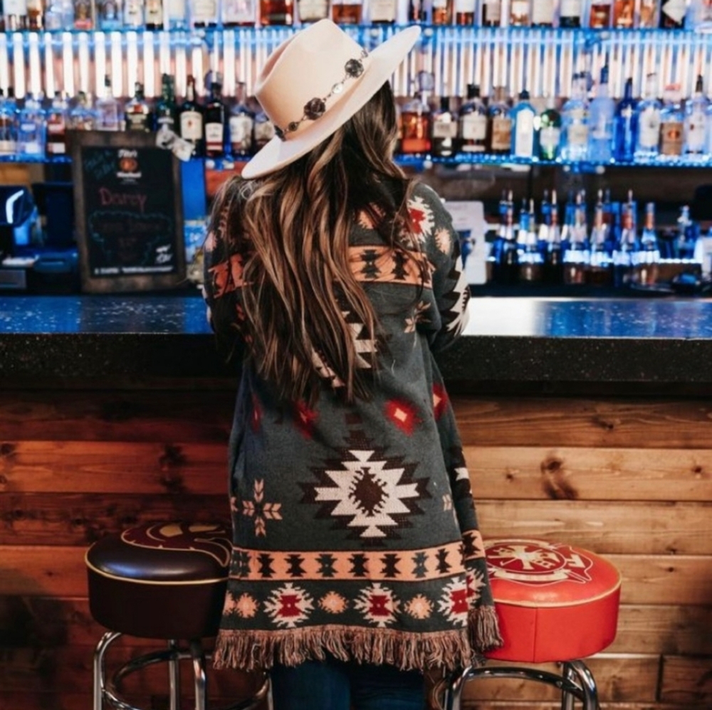 New Western Print Cardigan Long Sweater Duster